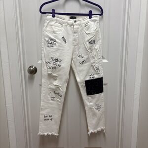 Zara Jeans Graffiti Graphic Art White Distressed Mens Size 31 Skinny Grunge Word